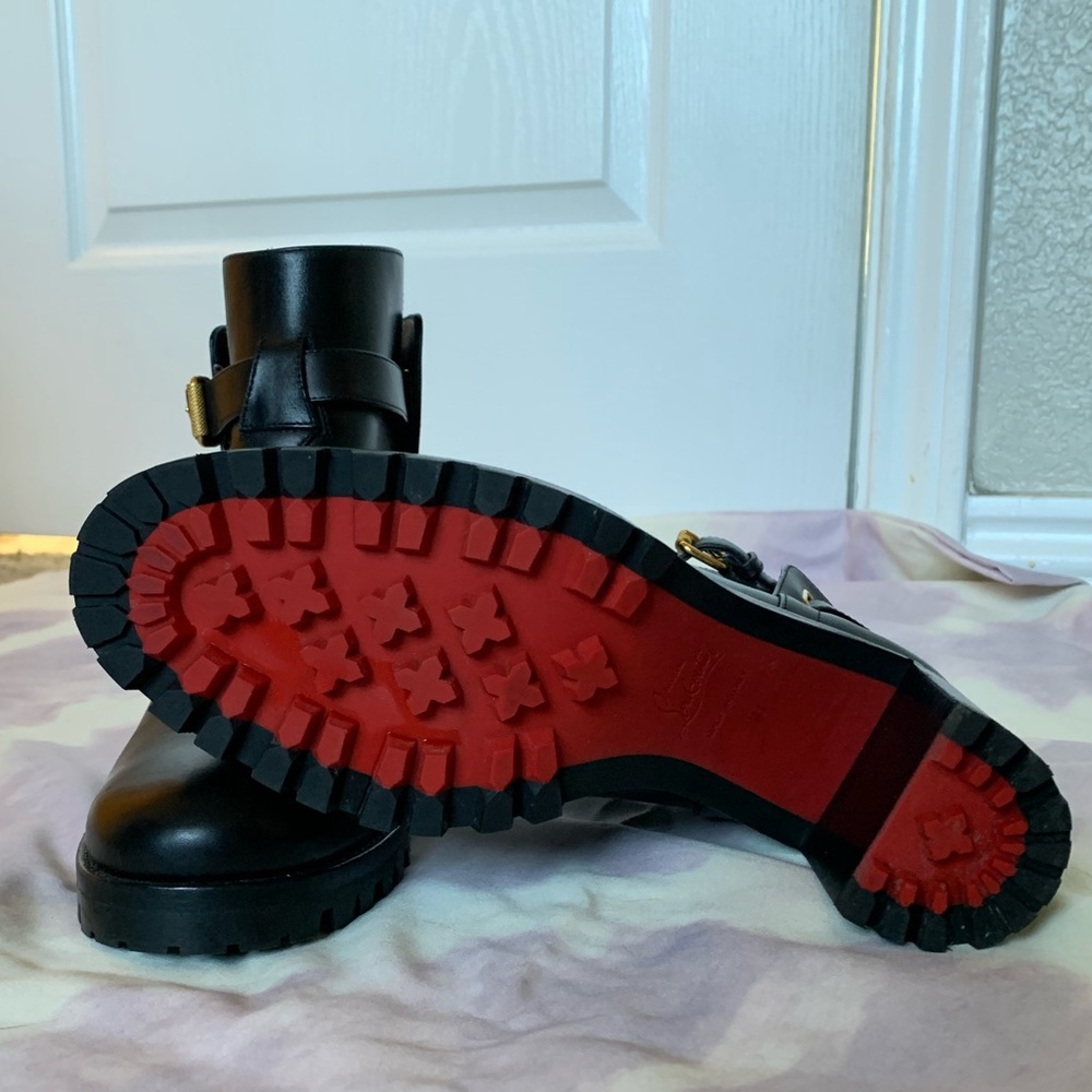 Christian Louboutin Lug Sole Black Leather Booties with Gold Hardware